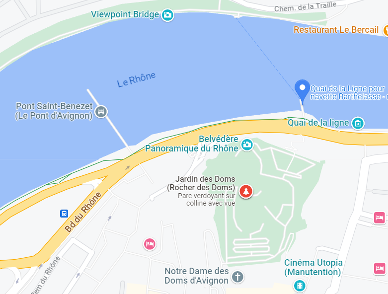 Carte du trajet entre Avignon et la Barthelasse 
